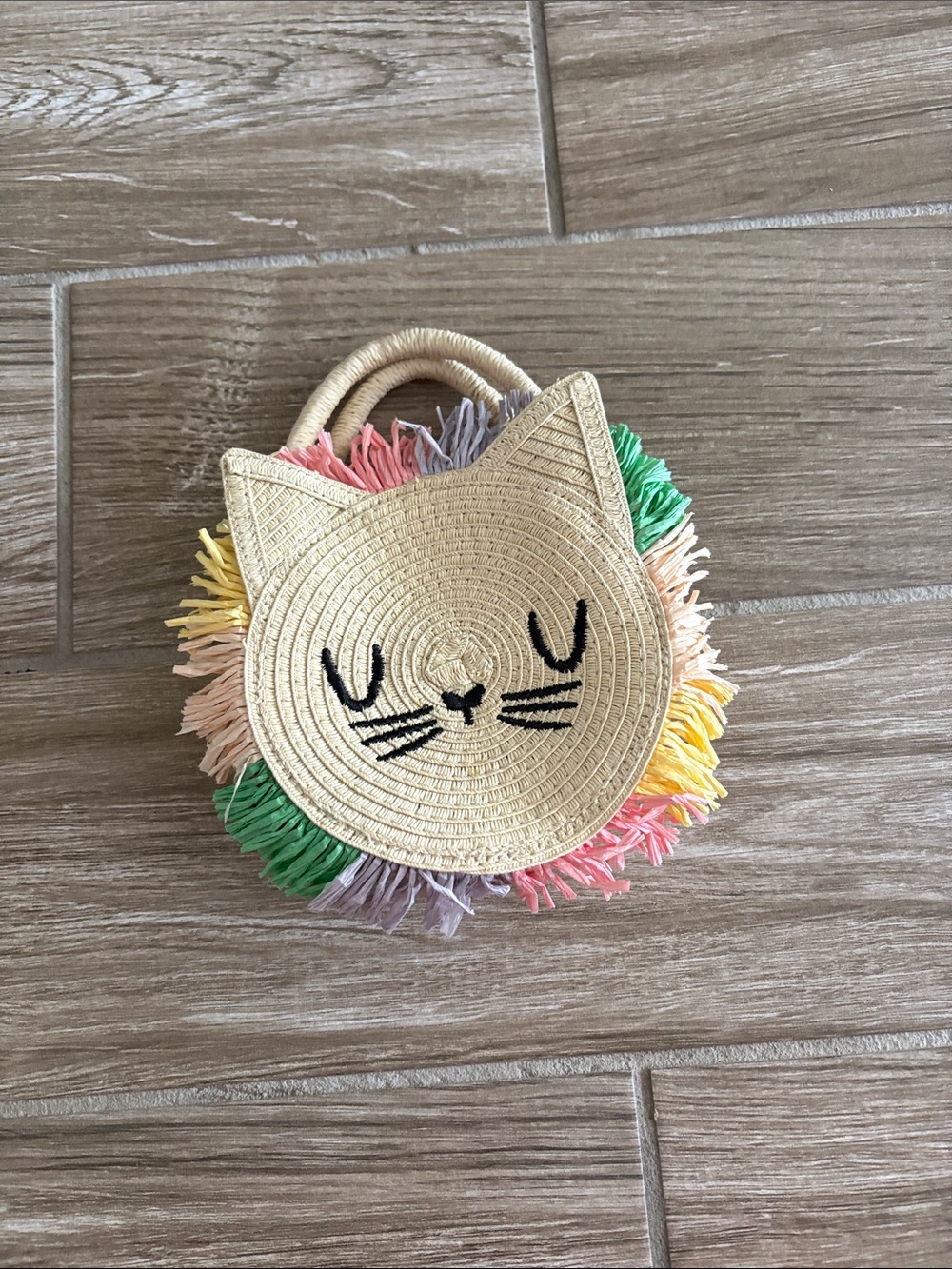 Kids Straw Cat Face Handbag with Multicolor Fringe